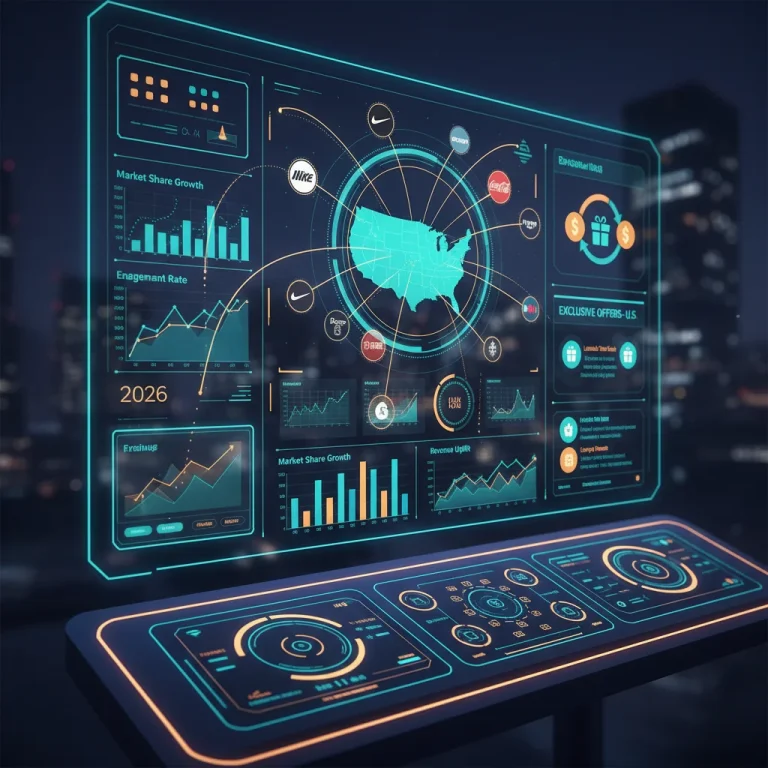 Digital dashboard showing brand campaign success and exclusive U.S. offers for 2026.