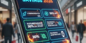 Futuristic smartphone displaying digital coupons and promo codes for 2026 shopping