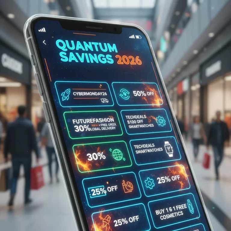 Futuristic smartphone displaying digital coupons and promo codes for 2026 shopping