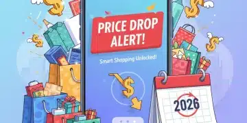 Smartphone with price drop alert notification, surrounded by shopping bags and dollar signs, representing smart shopping in 2026.