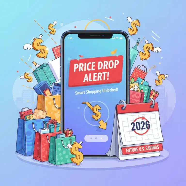 Smartphone with price drop alert notification, surrounded by shopping bags and dollar signs, representing smart shopping in 2026.