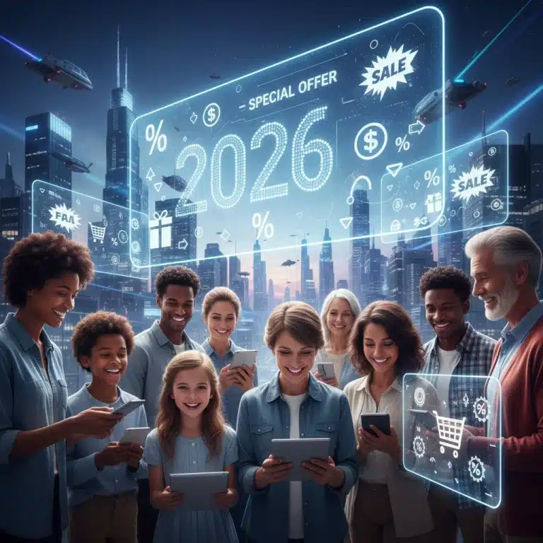 Diverse US consumers reviewing special offers on digital devices in 2026.