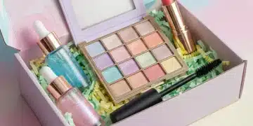 Open beauty subscription box filled with a diverse array of affordable makeup and skincare products, vibrant and ready for discovery.
