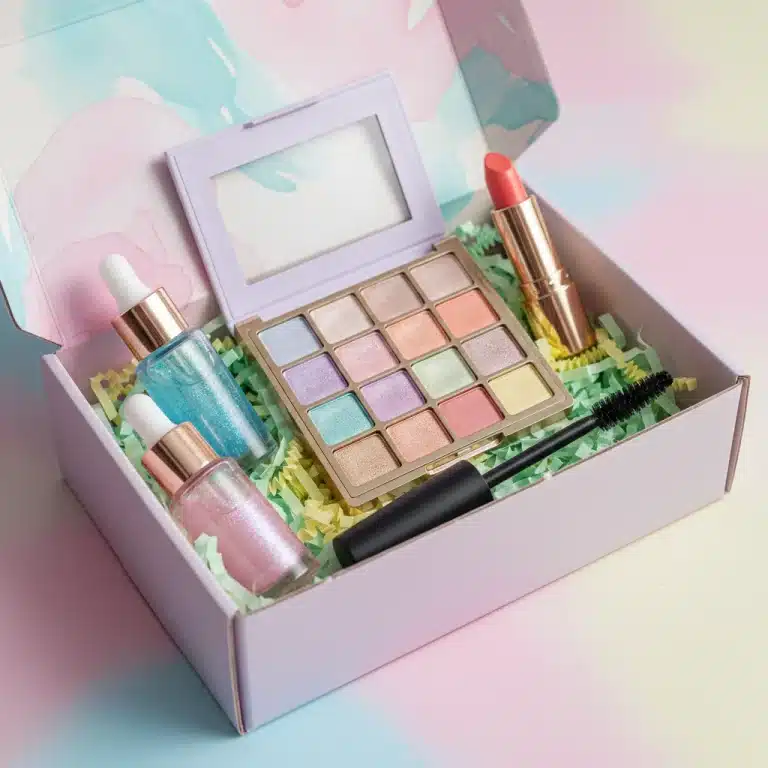 Open beauty subscription box filled with a diverse array of affordable makeup and skincare products, vibrant and ready for discovery.