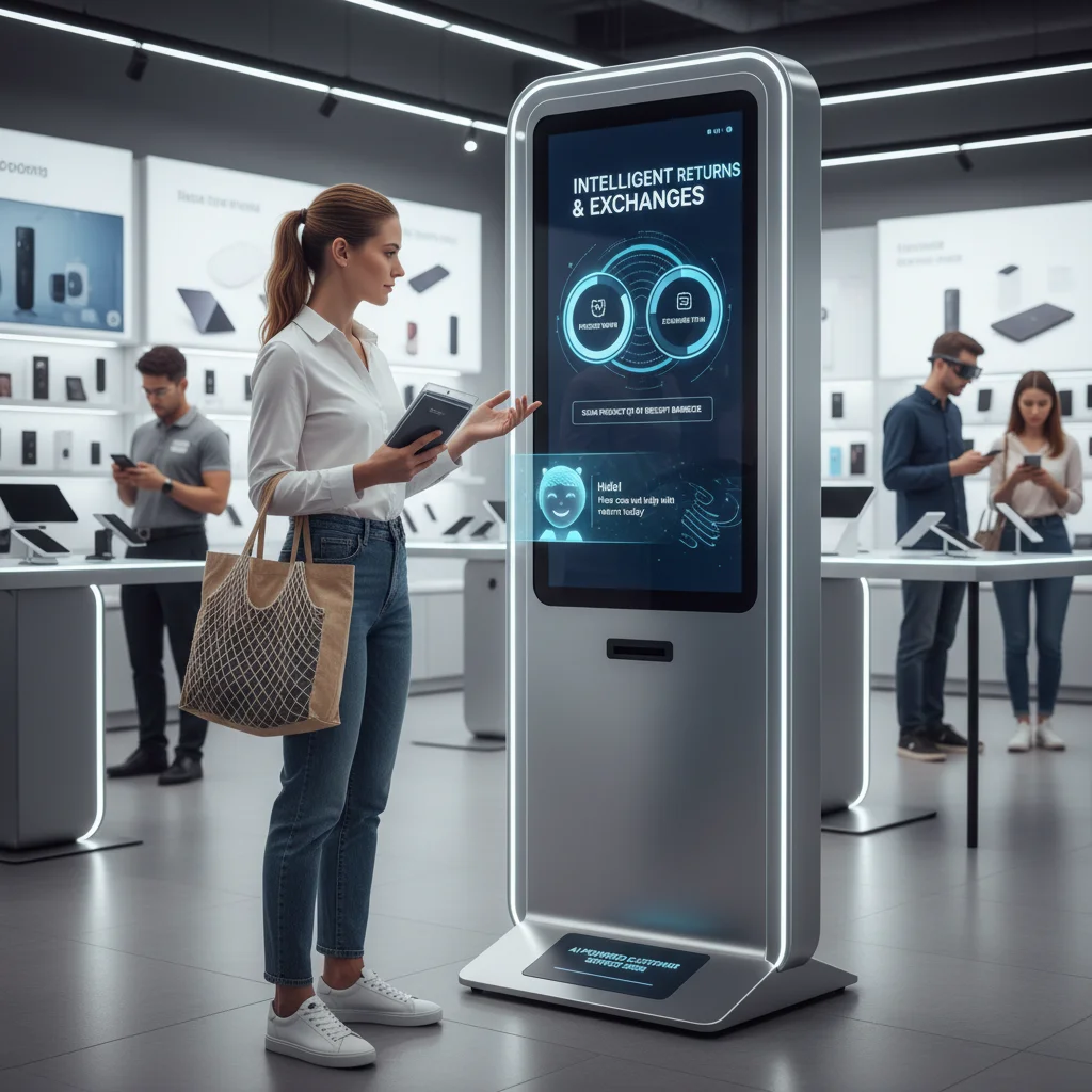 Customer using an AI-powered kiosk for product returns in a modern retail store.