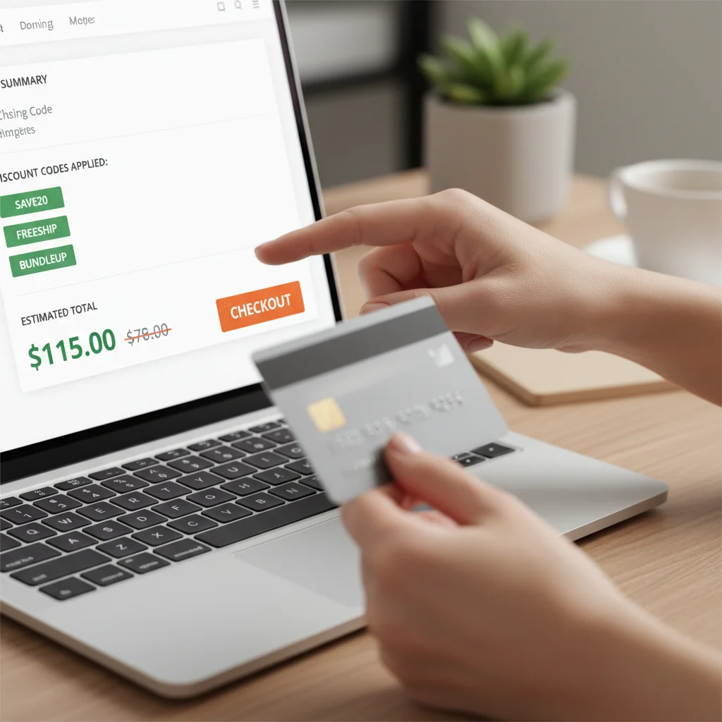 Hand applying multiple discount codes at e-commerce checkout for maximum savings.
