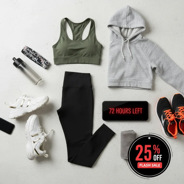 Stylish athleisure wear collection with 25 percent off promotional tag