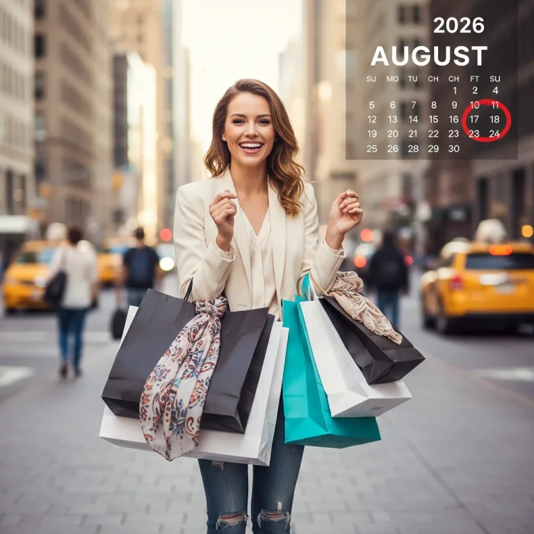Woman happily showing off her shopping bags from August fashion flash sales.