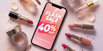 Smartphone displaying a 40% off beauty flash sale notification surrounded by luxurious makeup and skincare products.