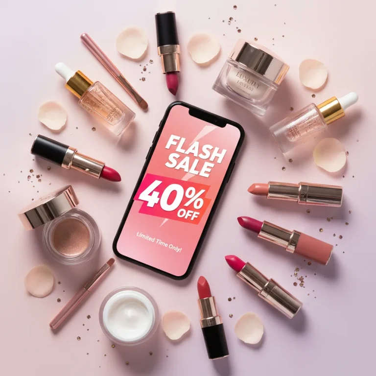 Smartphone displaying a 40% off beauty flash sale notification surrounded by luxurious makeup and skincare products.