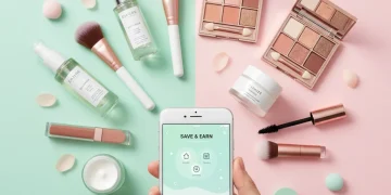 Assortment of beauty products with a phone showing a loyalty app, representing beauty loyalty programs and smart shopping.