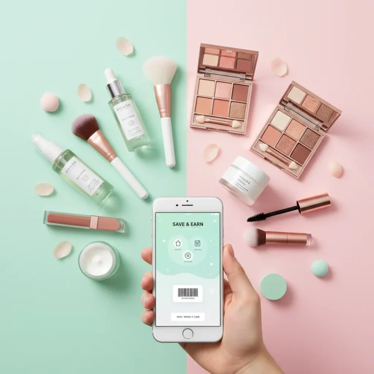 Assortment of beauty products with a phone showing a loyalty app, representing beauty loyalty programs and smart shopping.