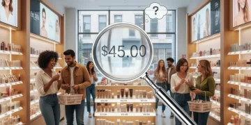 Shoppers comparing beauty product prices in a modern store, symbolizing price matching.
