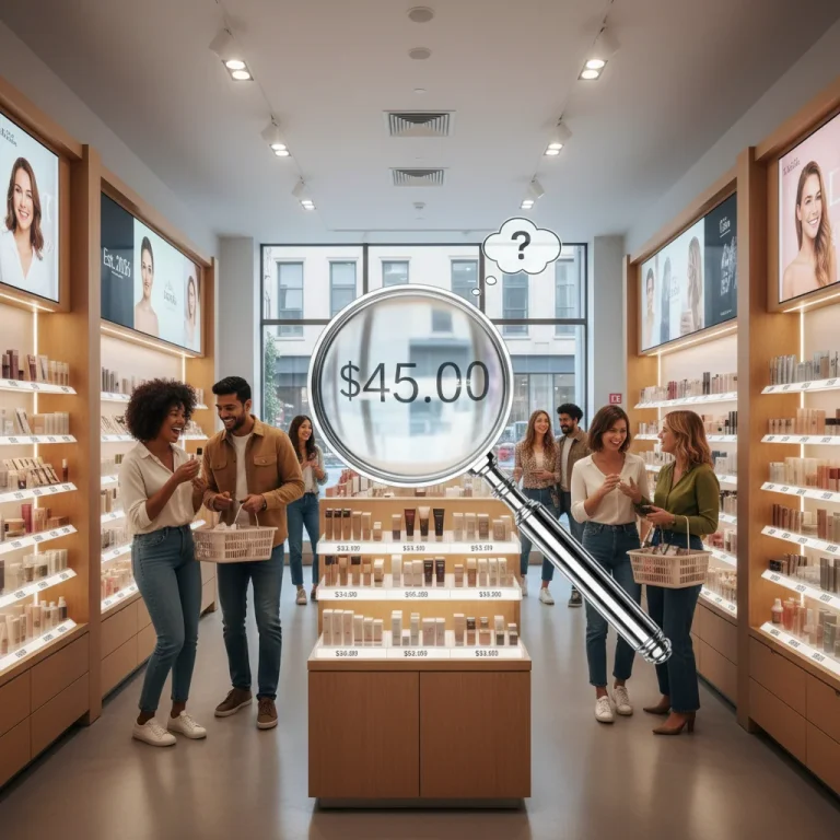 Shoppers comparing beauty product prices in a modern store, symbolizing price matching.