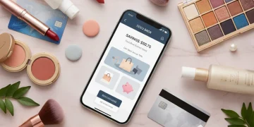 Assortment of beauty products with a smartphone showing cash back app and credit cards