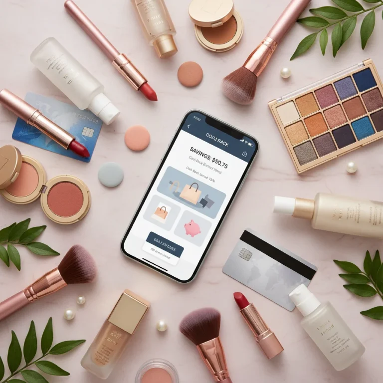 Assortment of beauty products with a smartphone showing cash back app and credit cards
