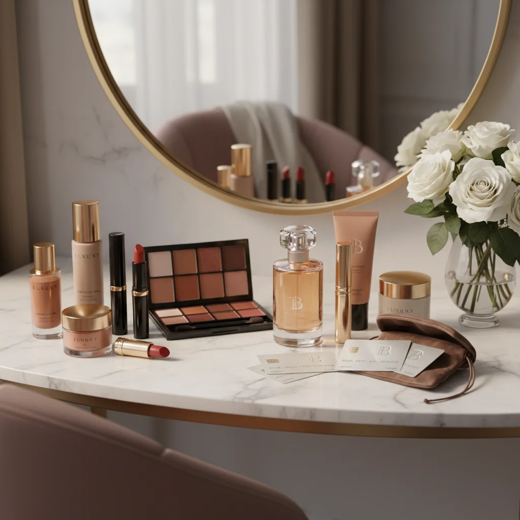 Premium beauty products and gift cards representing earned beauty credits.