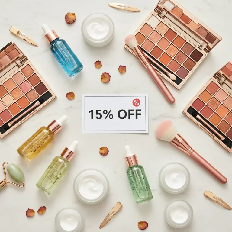 Assortment of beauty products with a 15% off discount tag, symbolizing first purchase savings.