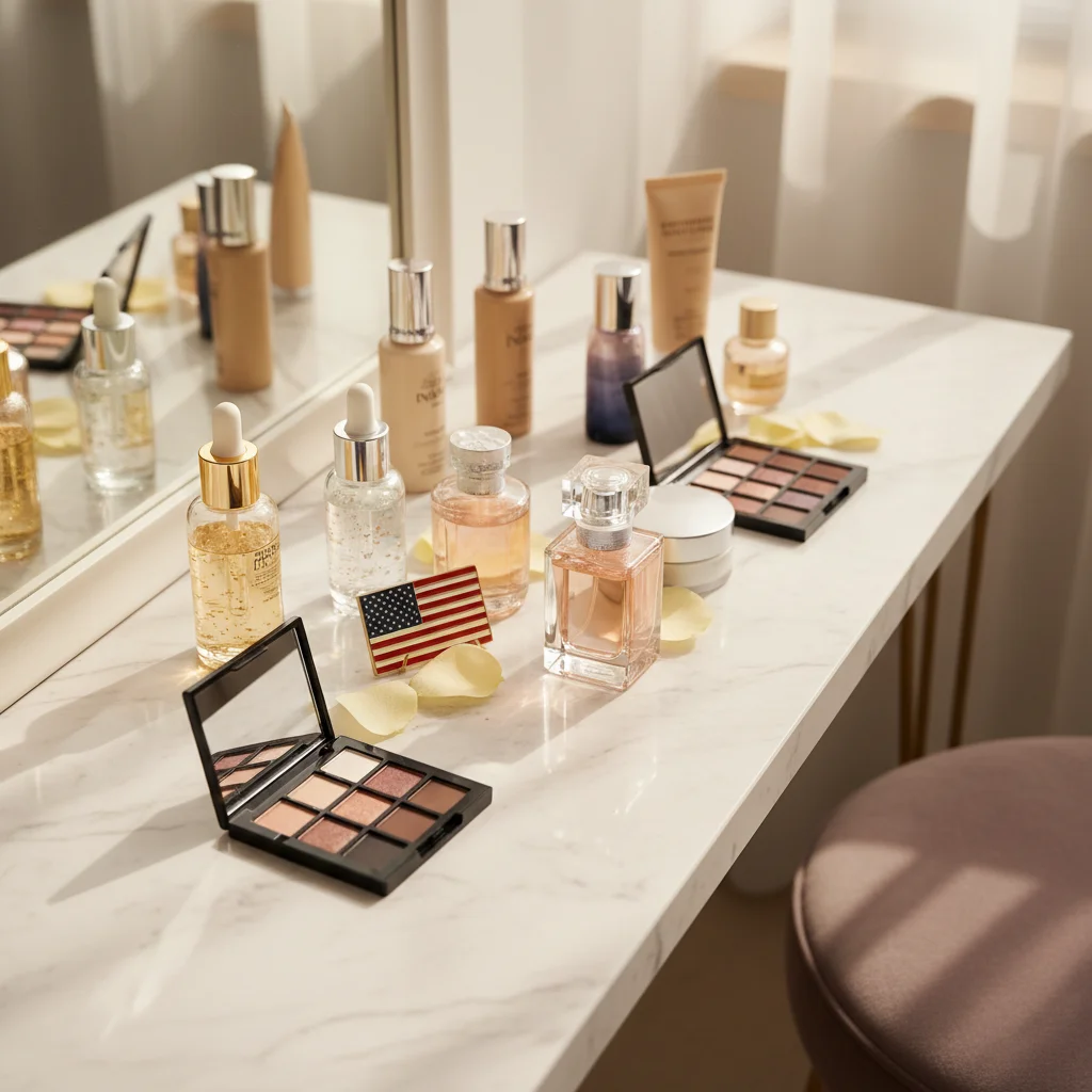 Collection of beauty products with a subtle American flag, representing military savings