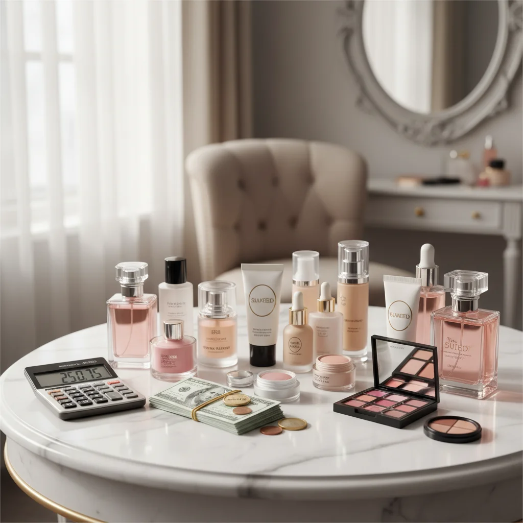 Beauty products on a vanity with calculator and money