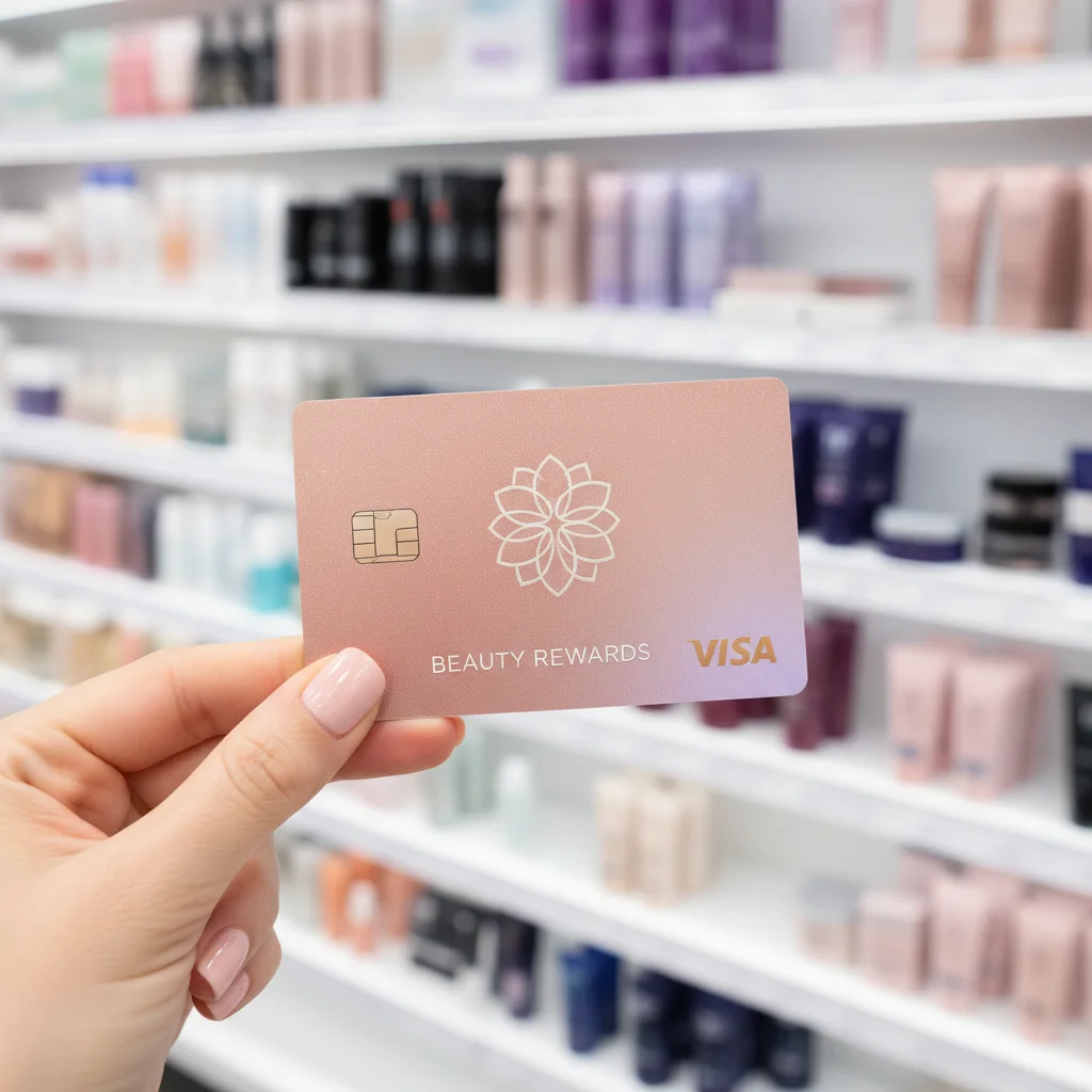 Hand holding a beauty rewards credit card in a store, symbolizing loyalty program benefits.