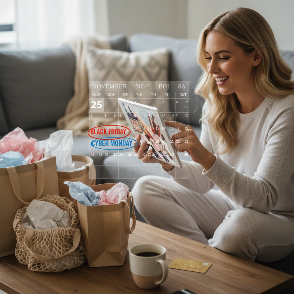 Person planning beauty purchases on a tablet with a sales calendar, highlighting strategic holiday shopping.