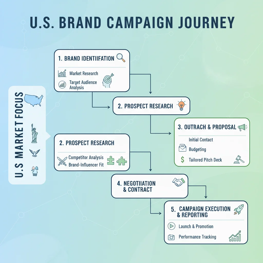 Infographic showing the process of securing a brand campaign from research to execution.