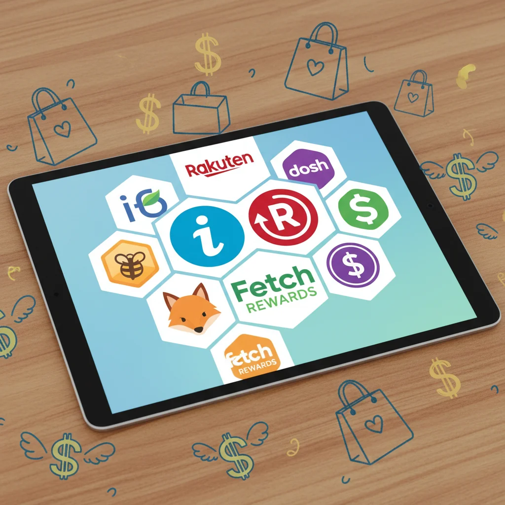 Collage of popular cash back app logos on a tablet screen