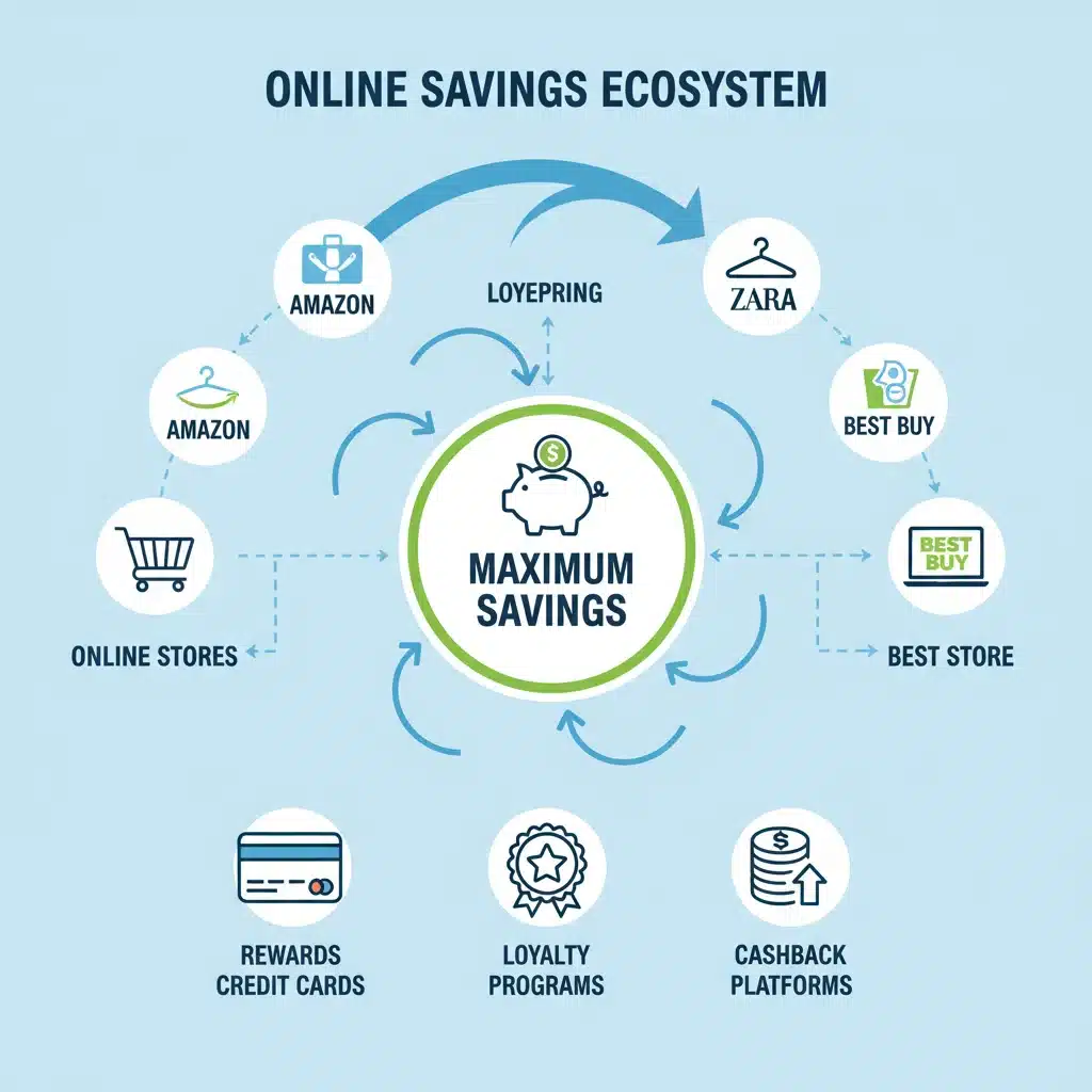 Flowchart illustrating various cashback and rewards programs for U.S. online shopping.