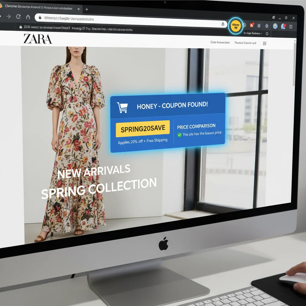 Chrome extension displaying coupon code on a fashion website