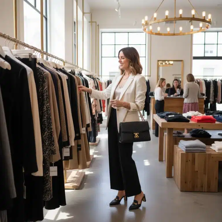 Woman shopping for designer apparel at a modern consignment store