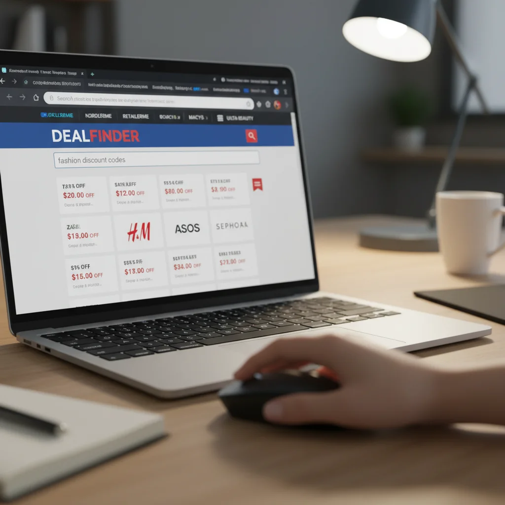 Laptop screen showing coupon websites for fashion deals