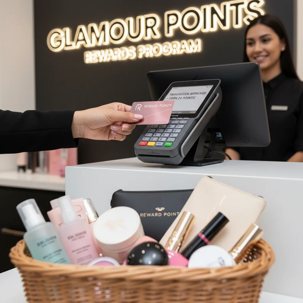 Hand tapping credit card at beauty store checkout with products