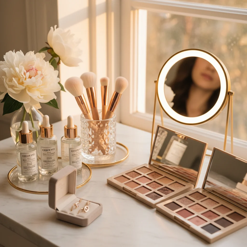 Organized vanity table with premium skincare and makeup products, representing smart beauty investments.