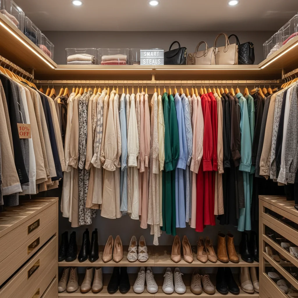 Organized wardrobe showcasing fashionable clothes acquired through smart shopping.