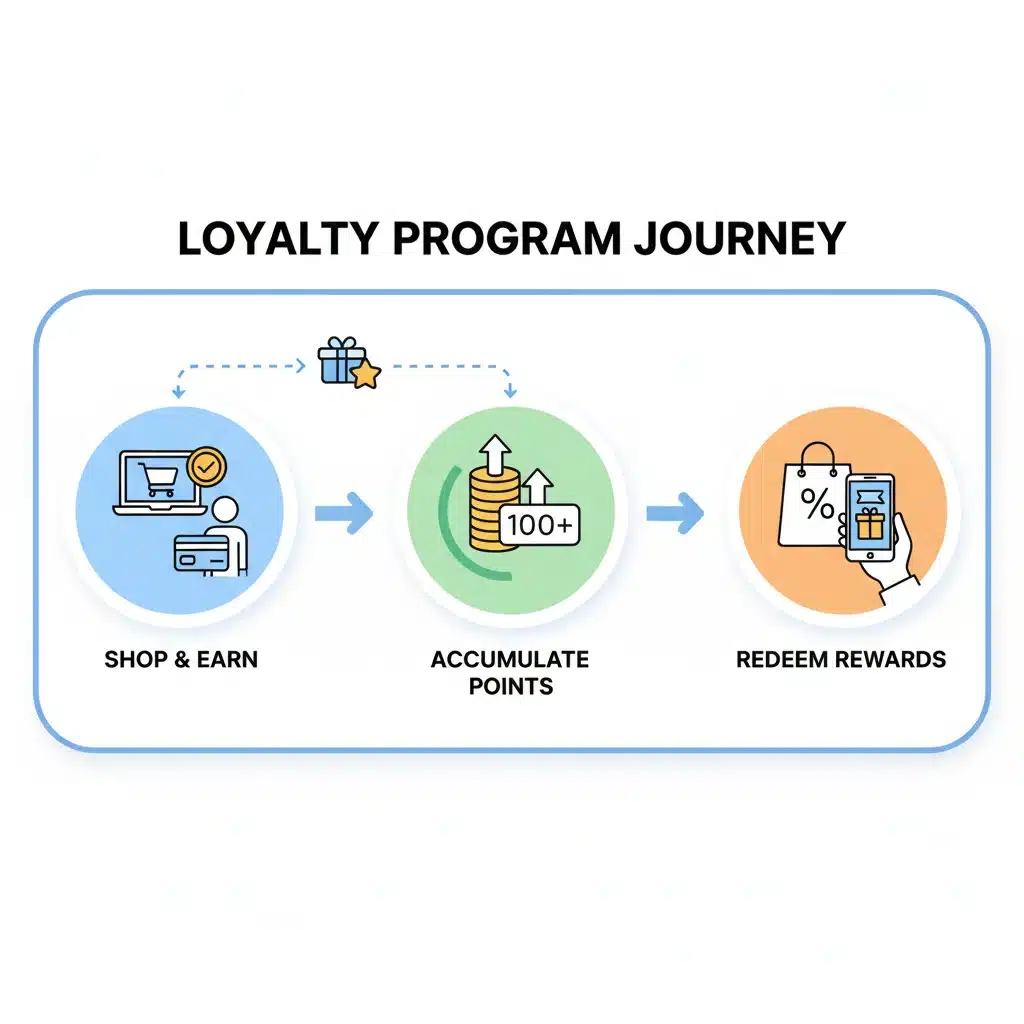 Visual representation of the customer loyalty program journey from purchase to reward redemption.