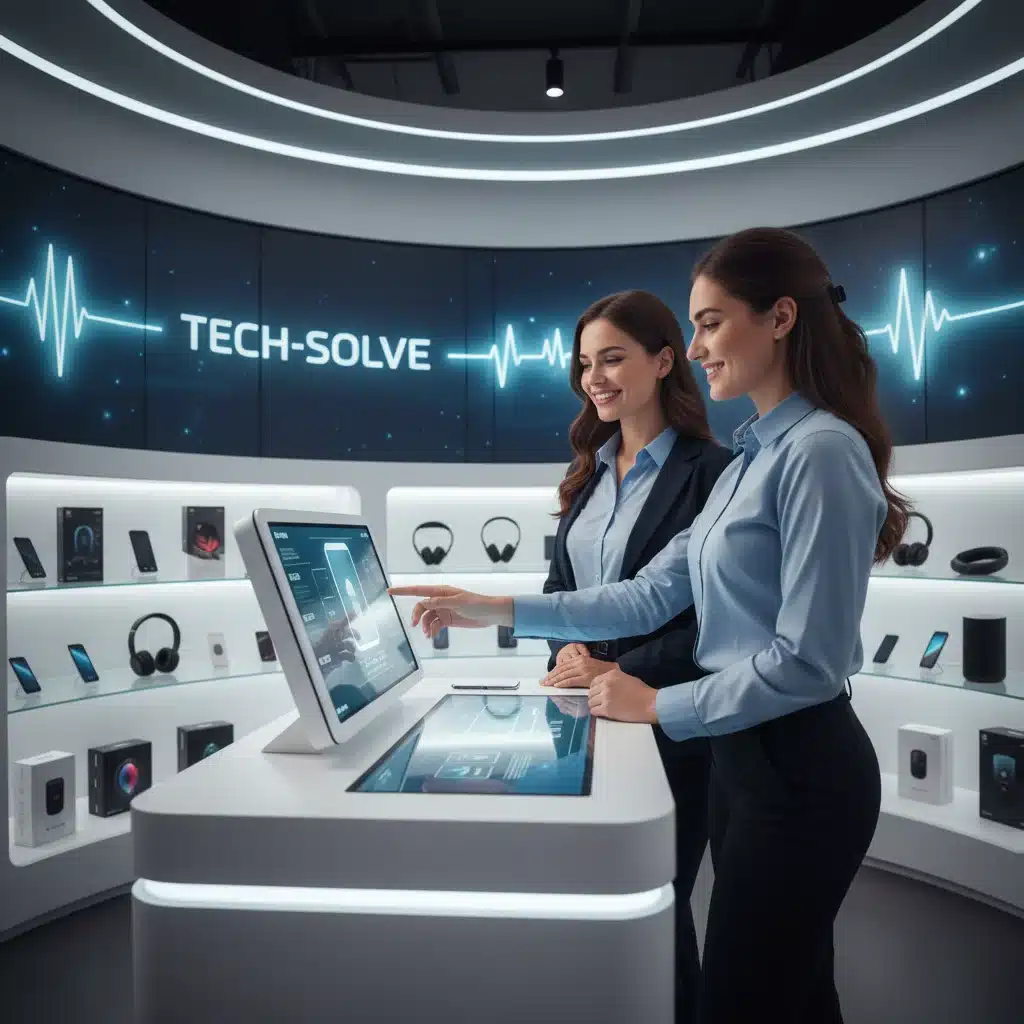 Customer service representative helping a shopper at a modern help desk, symbolizing effective dispute resolution.