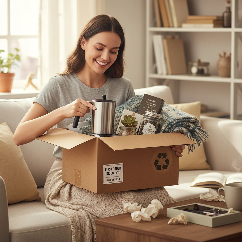 Happy customer unboxing products received with a first order discount