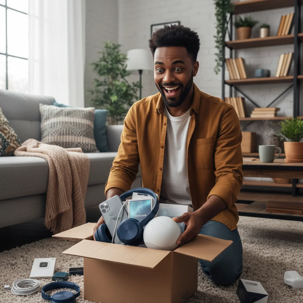 Customer unboxing a valuable online product bundle with various items