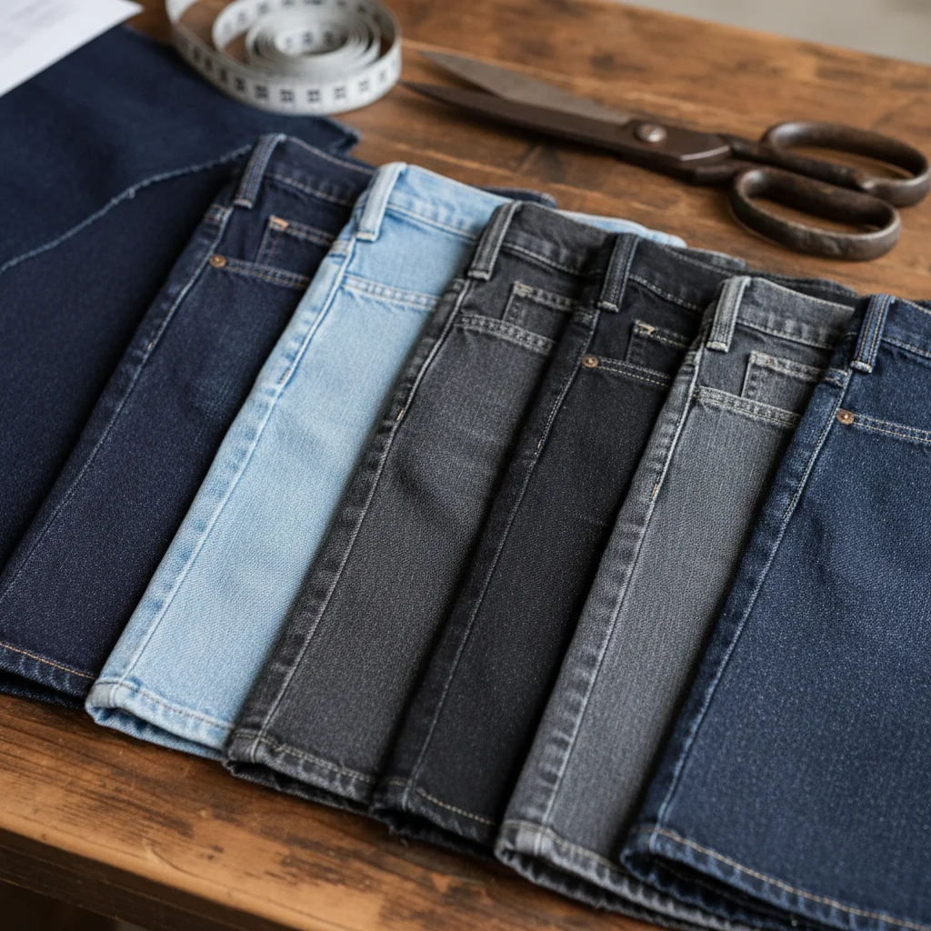Assortment of premium denim fabric swatches in various washes and textures.