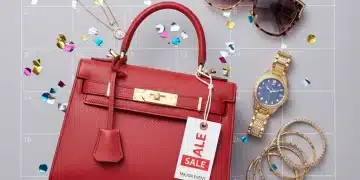 Luxury designer accessories on sale, featuring a handbag, watch, and jewelry with a 'Sale' tag.