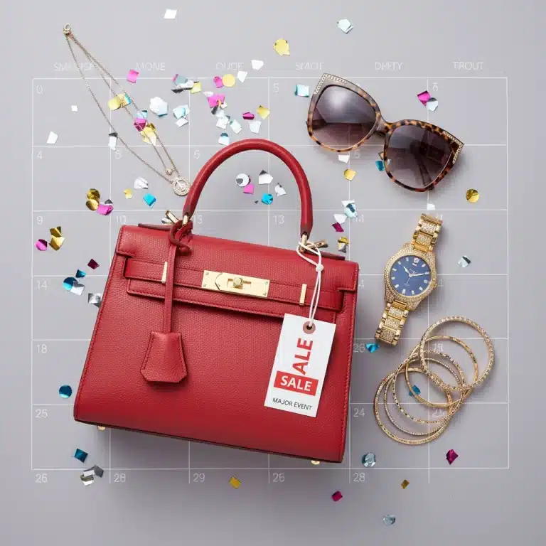 Luxury designer accessories on sale, featuring a handbag, watch, and jewelry with a 'Sale' tag.