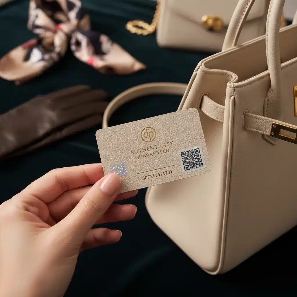 Inspecting authenticity tag on a designer handbag from resale