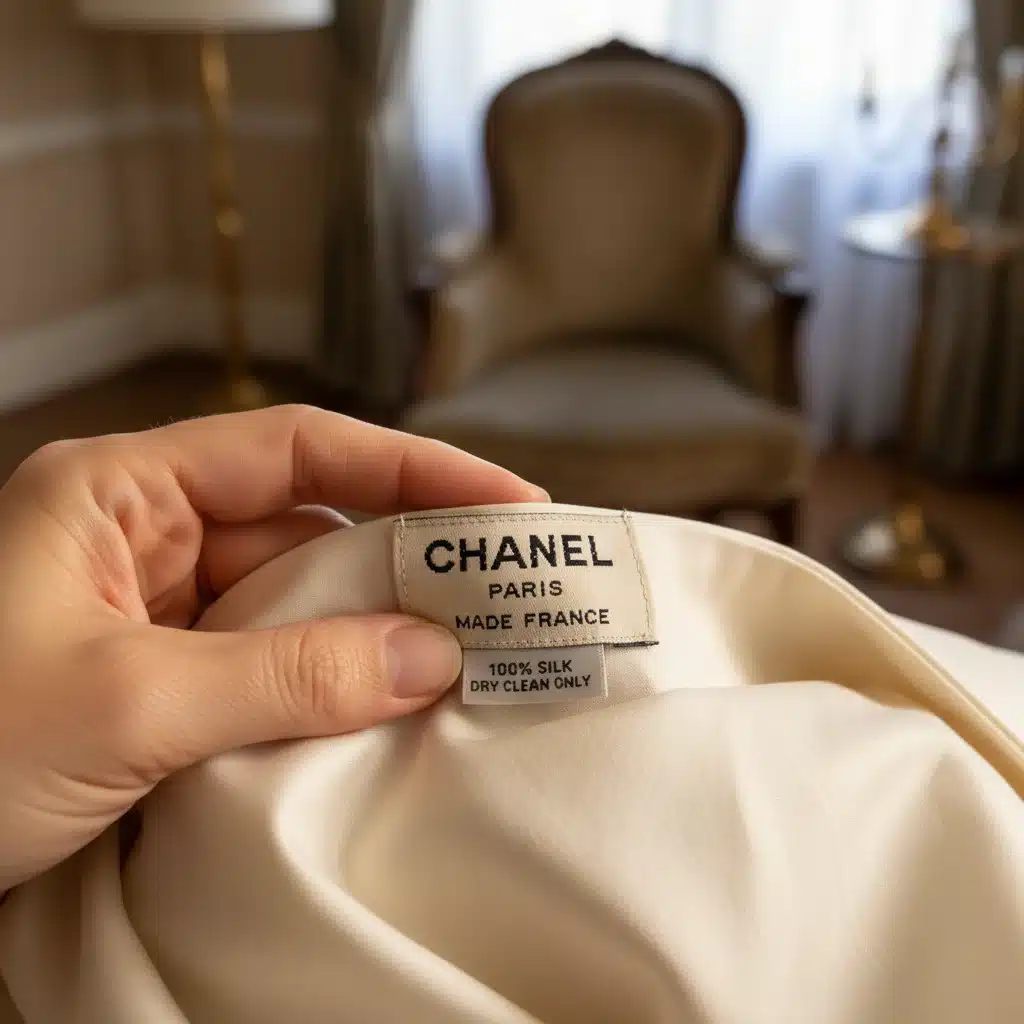 Inspecting a designer label in a consignment shop for authenticity