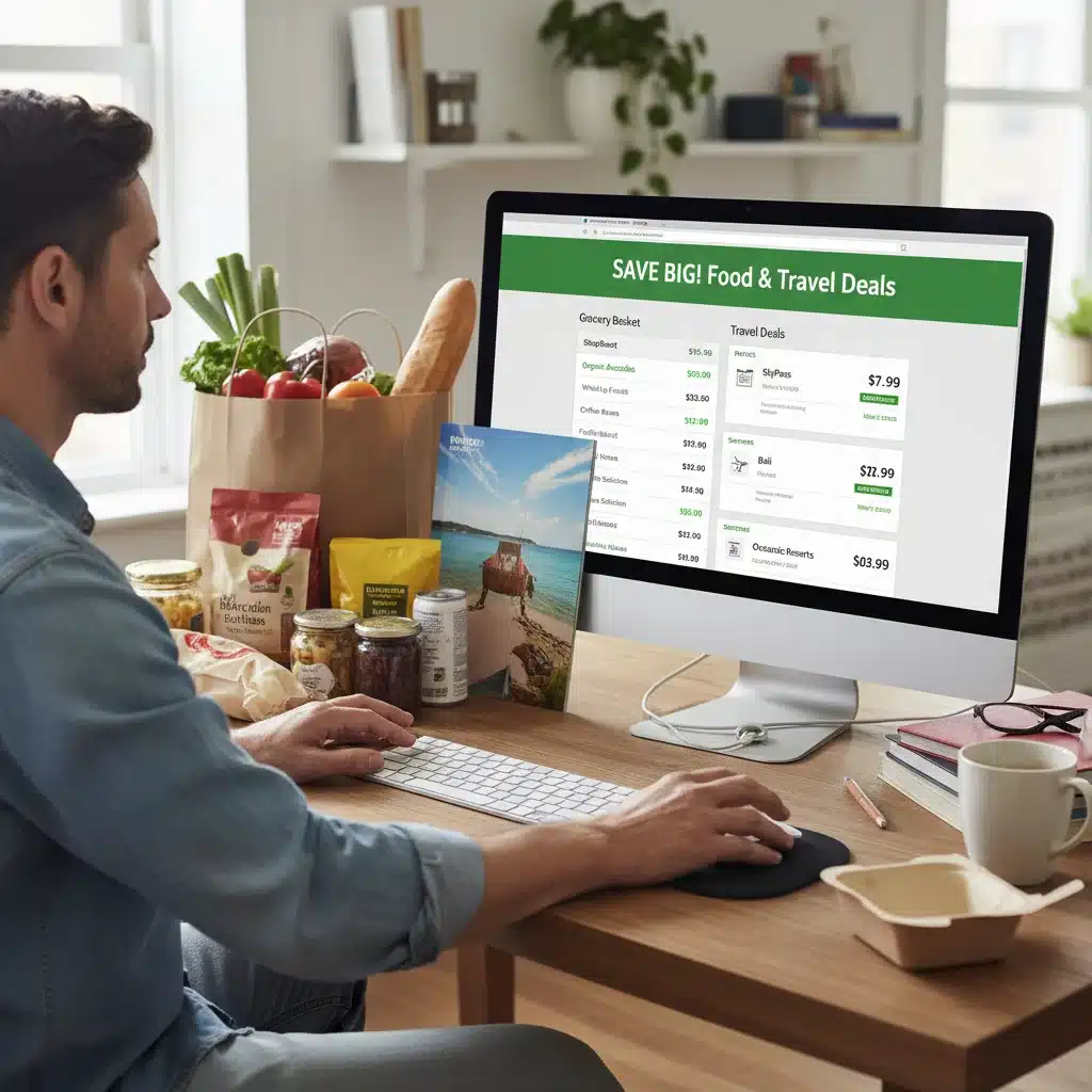 Person using a desktop price comparison website for groceries and travel.