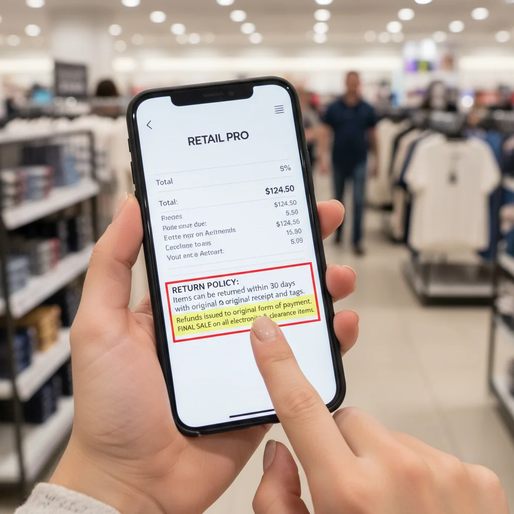 Digital receipt on a smartphone showing highlighted return policy details, emphasizing fine print.