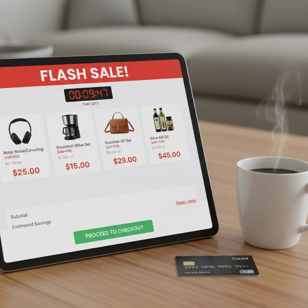 Digital shopping cart with discounted items and a flash sale countdown timer.