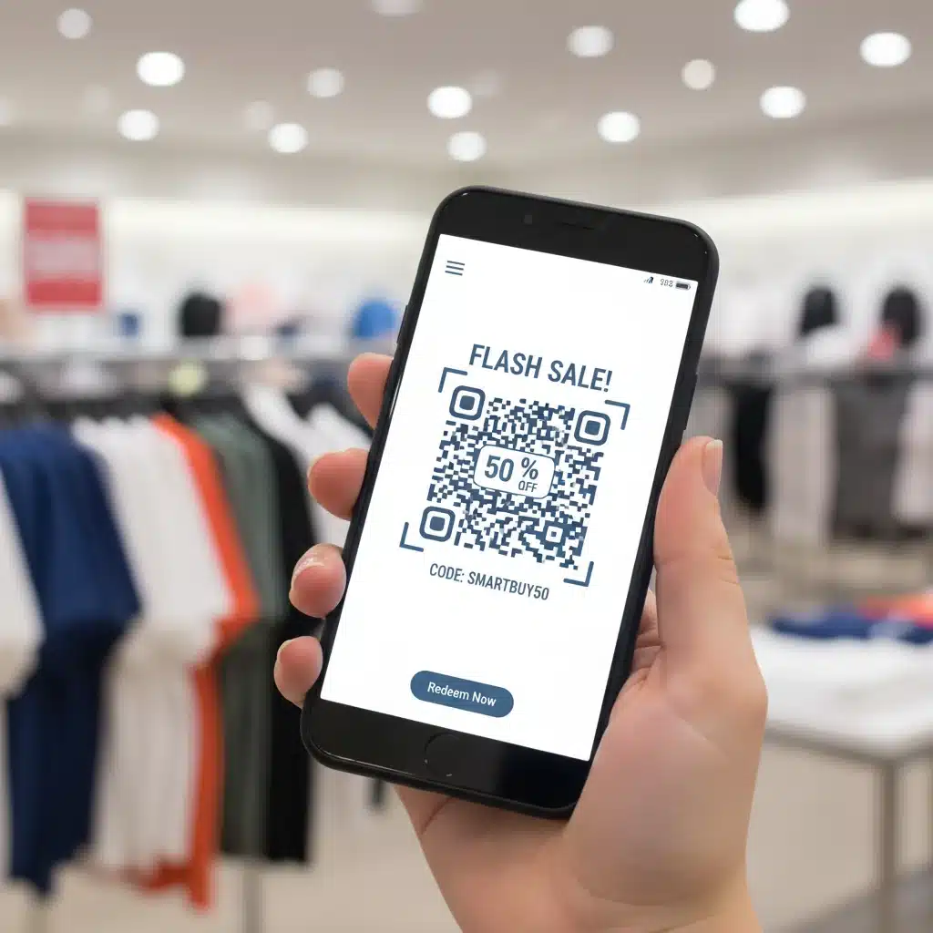 Hand holding a smartphone with a shopping app, showing digital coupons for outlet shopping.