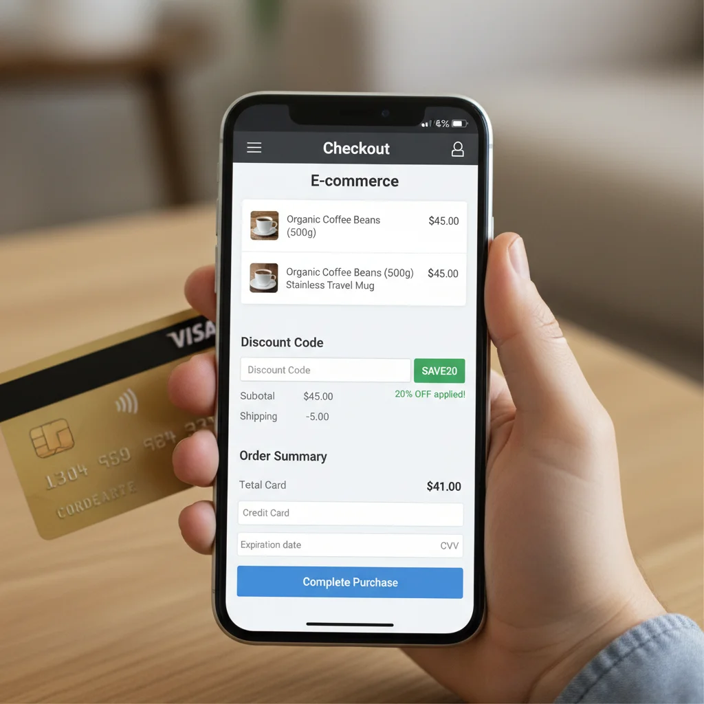 Smartphone displaying a successful discount code application on an online beauty store checkout.