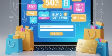 Illustration of discount coupons and newsletter sign-up on a laptop, symbolizing discount stacking for savings.